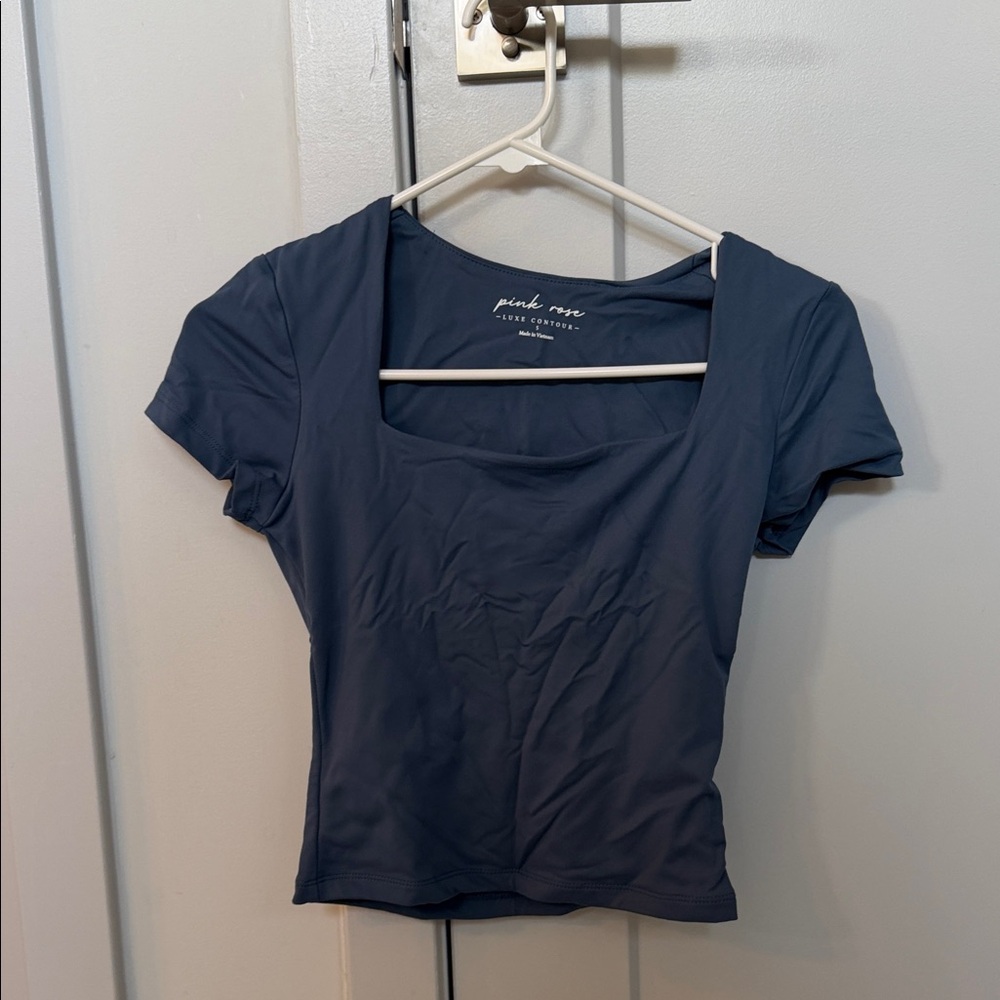 Pink Rose Navy Square Neck Short Sleeve Crop Top - Deep Navy